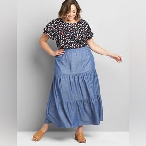 Lane Bryant Chambray Blue Denim Pull On Elastic Waist Tiered Maxi Skirt Sz 26/28